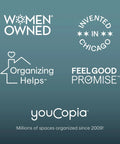Graphic featuring Women Owned, Invented in Chicago, Feel Good Promise, and youCopia branding for organization products.
