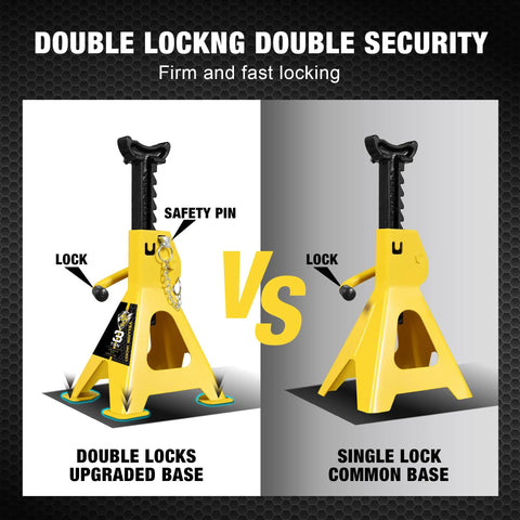 Two yellow 3-ton car jack stands with black posts, double-locking and large foot bases for SUVs