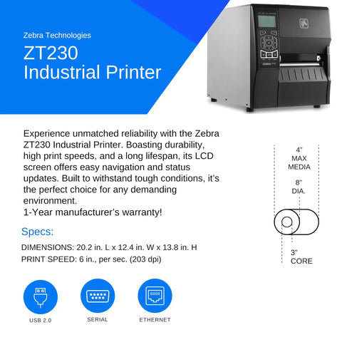 Top Notch Direct Thermal Industrial Printer With 203 Dpi Resolution 4 Inch Width for crisp barcodes with LCD display.