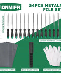 Pro Grade Metal File Set 34 Piece High Carbon Steel With Storage Case For Hardened Steel And Metalworking Includes Flat Half Round Round Triangle Square Files And Needle Files For Precise Shaping And Finishing shown with sandpapers, steel brush, and gloves.
