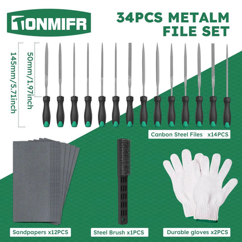 Pro Grade Metal File Set 34 Piece High Carbon Steel With Storage Case For Hardened Steel And Metalworking Includes Flat Half Round Round Triangle Square Files And Needle Files For Precise Shaping And Finishing shown with sandpapers, steel brush, and gloves.