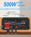 Back view of Two Channel 500W Bluetooth 5.0 Stereo Audio Amplifier showing input ports and connections for home theater use.