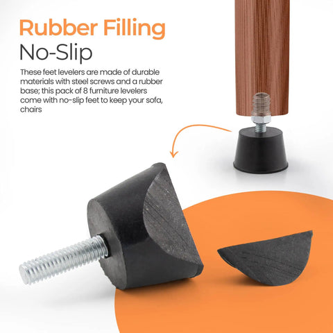 Adjustable One Quarter Inch Rubber Threaded Furniture Levelers Eight Pack Screw In Table Chair Feet Glides close-up view