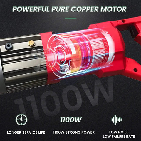 VgtHK Electric Rebar Bender With Powerful Pure Copper Motor, showing 1100W motor with copper winding for durability and efficiency.