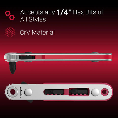 Side and top view of Must Have Compact Magnetic One Quarter Inch Mini Ratchet Wrench, showing CrV material and 1/4" hex bit compatibility.