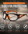 Top Shelf Industrial Safety Glasses With Vibrant Orange Frame Clear Anti Fog Lenses Scratch Resistant High Impact Shield ANSI Z87 Certified UV400 Eye Protection Clutch For The Job Site Bad Boy Gear on a countertop.