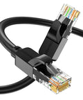 Black Go To High Speed Cat6 Ethernet Cable 550 MHz 10Gbps 26AWG RJ45 Patch Cable for indoor and outdoor use, close-up view