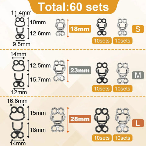 Top Shelf Sewing Hooks And Eyes Replacement Kit For Garments, 60 metal clasps in various sizes for DIY projects.