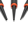 Close-up of tips from a 5 Inch Gripped Punch Set With Full Metal Core And Comfort Grip, showing three metal punch tips with orange accents.