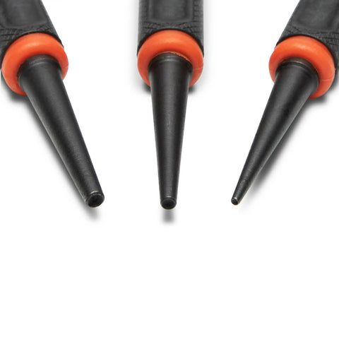 Close-up of tips from a 5 Inch Gripped Punch Set With Full Metal Core And Comfort Grip, showing three metal punch tips with orange accents.