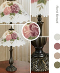 Floral Table Lamp With Hand Painted Ruffled Glass Shade, Bronze Finish, Vintage Victorian Style Desk Lamp on wooden table