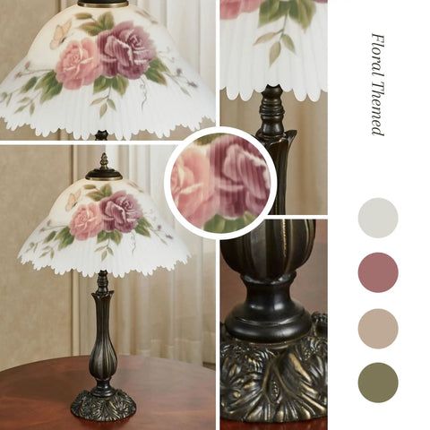 Floral Table Lamp With Hand Painted Ruffled Glass Shade, Bronze Finish, Vintage Victorian Style Desk Lamp on wooden table