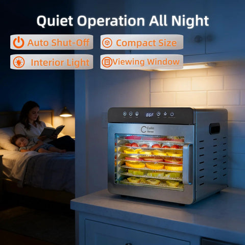 Pro Built 1000W Food Dehydrator With 8 Durable Stainless Steel Trays Plus Quick Setup Timer displaying dried fruit through viewing window.