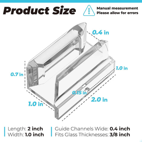 Clear Acrylic Sliding Shower Door Bottom Guide With Screw For Sliding Shower Doors Three Eighths Inch Channels Plastic Guide For Glass Shower Doors. Product size and dimensions displayed in image.