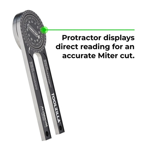 Dead On Precision Seven Inch Aluminum Miter Saw Protractor Angle Finder With Multiple Scales And Direct Readings For Woodworking Metalworking And Shop Hustle Tough Build Guarantees Smooth Cuts Every Single Day, showing direct reading for accurate miter cuts.