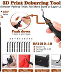 66-piece 3D printer tool kit with storage case; black-handled deburring tool with 360° swivel and hooked blades.