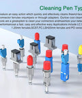 Front view of fiber cleaner pen set, 5pcs for 2.5mm ferrules (SC/FC/ST), blue bodies with red and yellow caps.