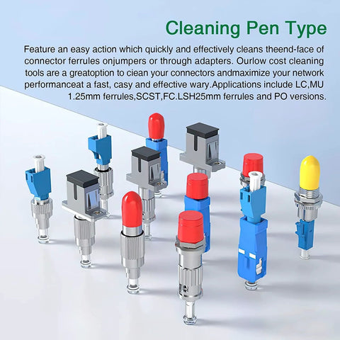 Front view of fiber cleaner pen set, 5pcs for 2.5mm ferrules (SC/FC/ST), blue bodies with red and yellow caps.