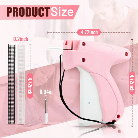 Pink Handheld Stitch Gun For Quick Clothing Fixes No Threading No Electricity Portable Repair Tool, showing size measurements.