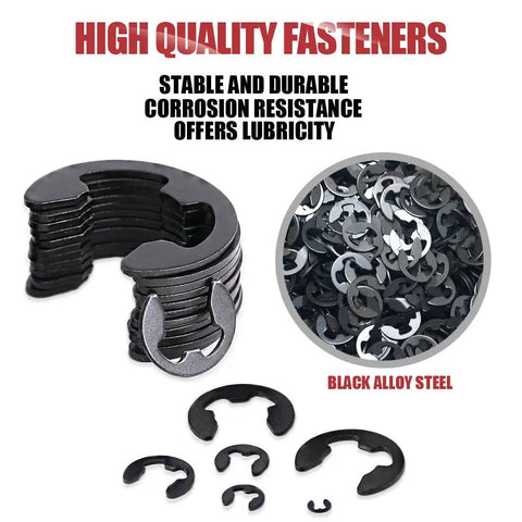 Alloy Steel External E Clip Retaining Ring Set 328 Piece Kit With 14 Sizes From 1.5mm To 15mm shown stacked and individually.
