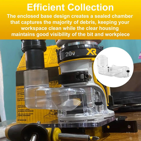 DEWALT DWP611 Router Dust Collection Adapter installed on router, showing sealed dust collector system reducing debris