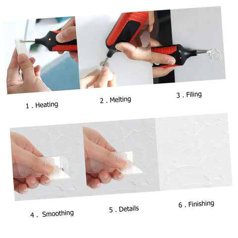 Steps showing use of Tile Repair Wax Kit Color Flooring Filler For Porcelain Laminate Hardwood Quick Heat Up Easy Diy Fix