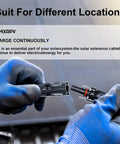Hands with gloves connecting Solar Panel Extension Cable 20Ft 10AWG With Tool Free Connectors Waterproof PV Cable 6mm2.