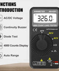 Front view of Pocket Handy Digital Multimeter For DIYers Auto Ranging Volt Ohm Meter Measures AC And DC Voltage Resistance Continuity.