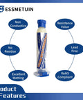 Pro Grade Lead Free Solder Flux Paste And Desoldering Wick Kit For Electronics Soldering No Clean 10cc Bottle Pack And 10Ft Wick Low Residue For Quick Soldering And Easy Cleanup DIY Friendly image showing soldering flux paste bottle with product features.