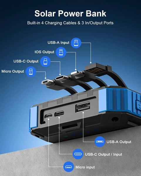 Massive 49800mAh Solar Power Bank With Wireless Charging, showing built-in cables and ports for diverse device compatibility.