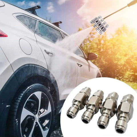 Four Way Pressure Washer Nozzle With One Fourth Inch Quick Connect For 4 GPM Units spraying a car with high pressure water.