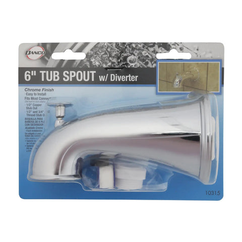 Decorative Bathtub Spout With Pull Up Diverter, 6 Inch Chrome Finish in retail packaging