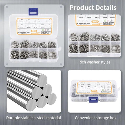 480 Piece Spring Lock Washer Kit In 304 Stainless Steel Nine Size Set From M2 To M12 With Labeled Storage Case