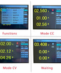 Hardcore Programmable DC Load Tester, 400W, 0 to 150V and 0 to 40A, Battery Capacity Detection, Constant Current And Constant Voltage Modes, USB Power Tester For Power Supplies, Chargers, And Switching Chargers, Ultra Precise. Display screens showing CC, CV, functions, and waiting modes.