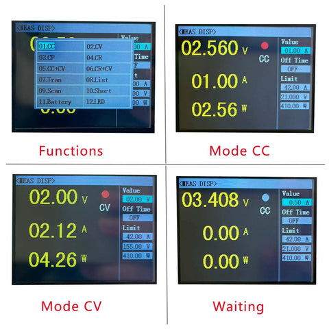 Hardcore Programmable DC Load Tester, 400W, 0 to 150V and 0 to 40A, Battery Capacity Detection, Constant Current And Constant Voltage Modes, USB Power Tester For Power Supplies, Chargers, And Switching Chargers, Ultra Precise. Display screens showing CC, CV, functions, and waiting modes.