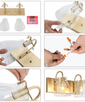 Installation steps for Two Light Gold Vanity Light Fixture With Clear Glass Shades, showing assembly and wiring process.