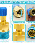 Close-up of R1234yf To R134a Adapter Kit For Car AC Systems, blue and gold quick coupler, male and female ends, detailed size info
