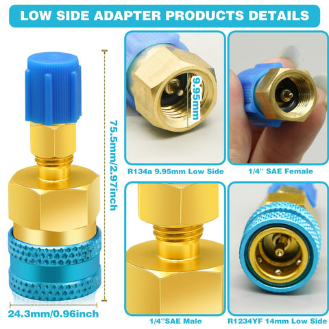 Close-up of R1234yf To R134a Adapter Kit For Car AC Systems, blue and gold quick coupler, male and female ends, detailed size info