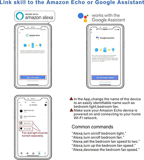 Linking WiFi Universal Ceiling Fan Light Remote Control Kit with Alexa and Google Assistant guides on smartphones