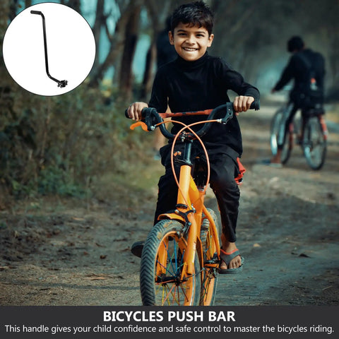 Child riding bike with Kids Bike Safety Trainer Handle And Balance Push Bar for parents to guide training, path setting.