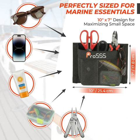 Dockside Ready Self-Adhesive Mesh Boat Storage Bag 10x7 Inch Marine Organizer, holding tools and gear, waterproof backing.