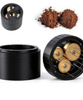 Geared Espresso Leveler And Magnetic Coffee Needle Distributor For 51 54 58 Millimeter Portafilters, showcasing the black device and coffee grounds.