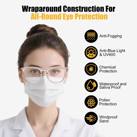 All Day Anti Fog Safety Glasses For Women And Nurses Eyewear With Blue Light And UV Blocking Eye Protection shown on woman wearing mask