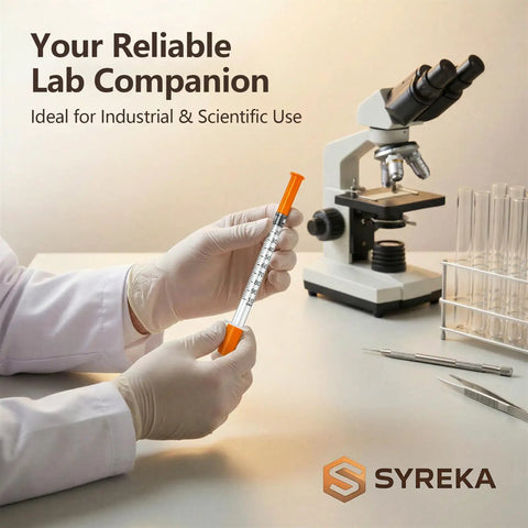 Disposable 1ml Syringe 31G Needle Five Sixteenth Inch 8mm With Leak Proof Airtight Plunger And Individually Sealed Pack Of 100 For Lab Tools Supplies Safe Handling And Precise Dosing In Medical And Laboratory Work, held in gloved hand by microscope