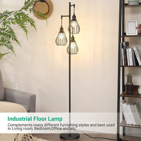 Dope Industrial Tree Floor Lamp With Three Teardrop Cage Heads, Includes Three 4W 3000K LED Edison Bulbs, Sturdy Base in living room