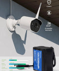 12V 5200mAh Lithium Battery Pack With 1A Charger next to outdoor CCTV camera highlighting features and warranty