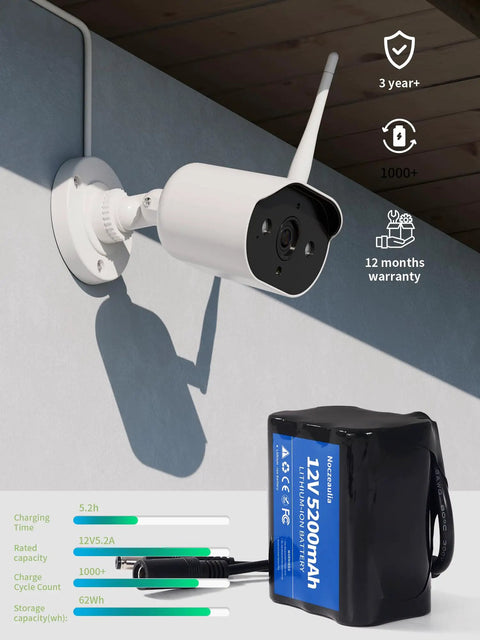 12V 5200mAh Lithium Battery Pack With 1A Charger next to outdoor CCTV camera highlighting features and warranty