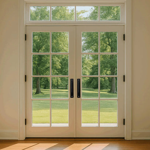 Glass double doors with black barn door handles installed in a bright room overlooking green trees and lawn.