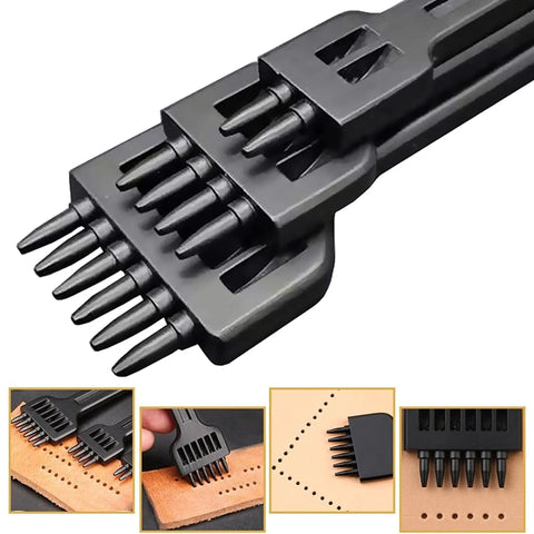 Pro Grade Three Piece Leather Stitching Chisel Set with Four Millimeter Diamond Prongs shown with two four six teeth details