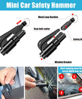 Mini car safety hammer with seat belt cutter and window breaker, part of the Grab And Go Portable Car Roadside Emergency Kit With Compact Organizer Bag Black Your Must Have Safety Gear For Breakdowns And Flat Tires Easy Access In Backseat Or Trunk.